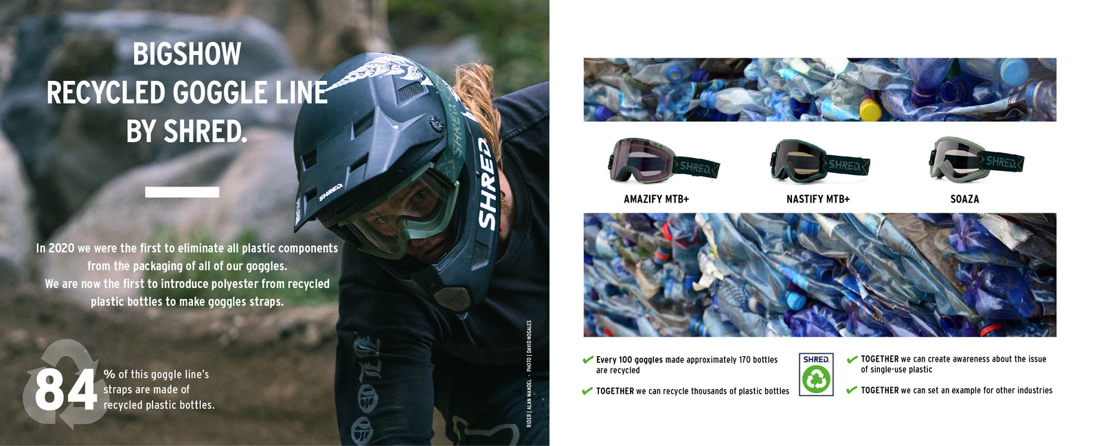 SHRED. first to launch mountain bike goggles with a strap made with recycled plastic bottles.