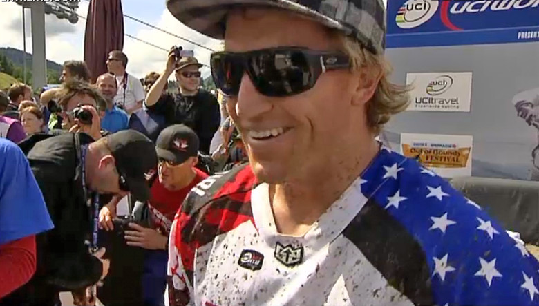 Aaron Gwin smiles for camera following his second World Cup win of the season. Aaron Gwin smiles for camera following his second World Cup win of the season.