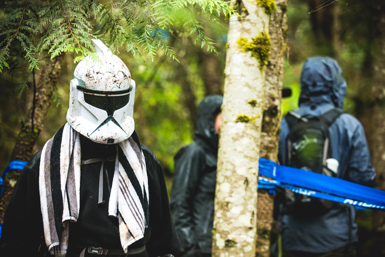 A Storm Trooper literally being a trooper in the storm.