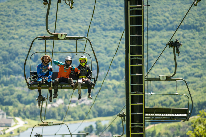 The chair parallels the track for most of the way up, so it's easy to socialize all day.