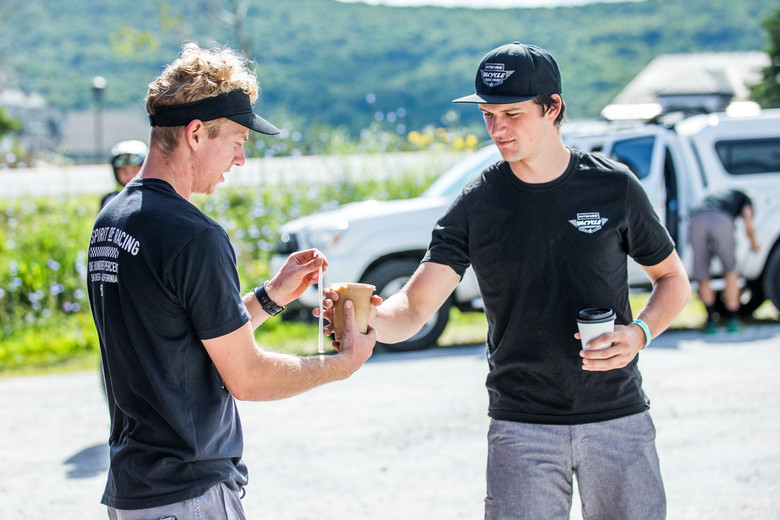 Coffee is king, Josh Hanson providing Jason Schroeder with the necessary caffeine dose for the morning.